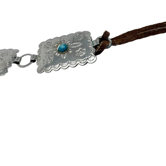 Western Concho Belt Silver Turquoise Leather Tie Boho Cowgirl Stamped Floral main image 3